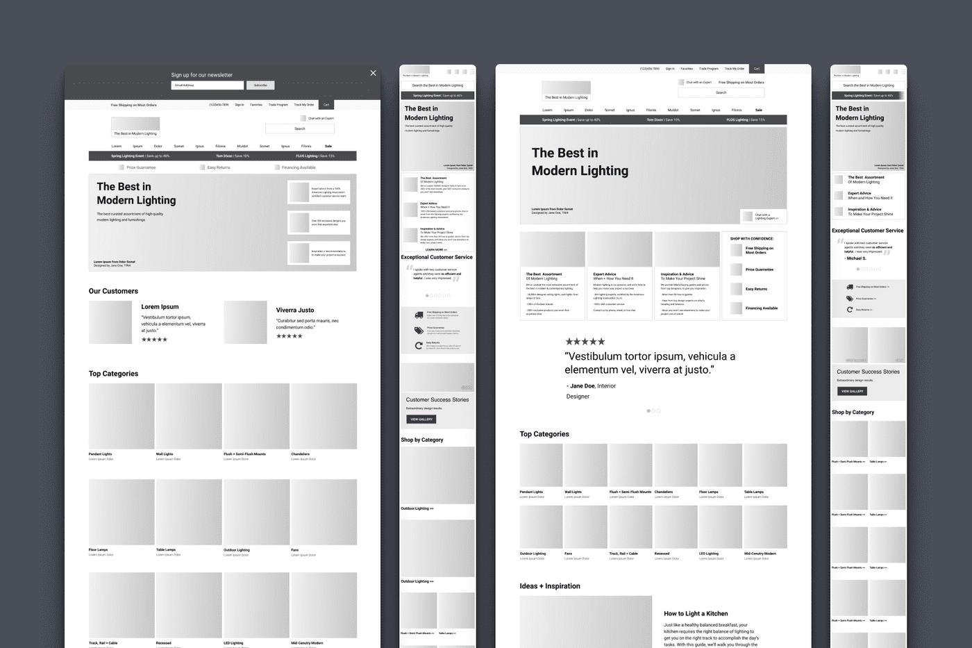 A variety wireframe options for the homepage